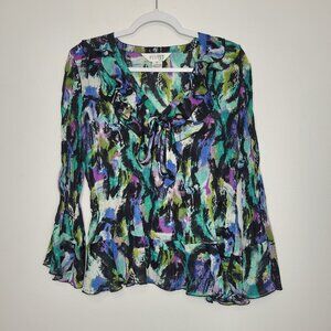 Vintage Allison Taylor grunge abstract bell sleeve bold ruffle tie front top XL